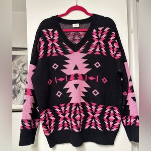 Women’s Western Pattern Black and Pink Sweater, size L/XL